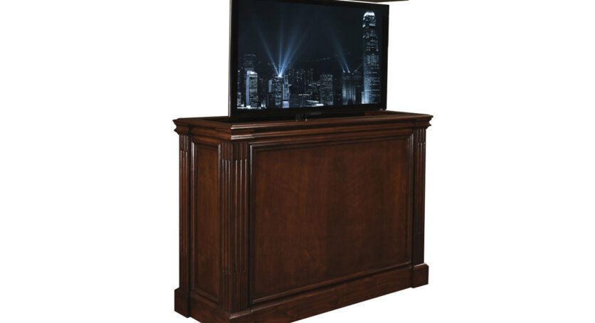 Ritz Designer quality TV Lift cabinet furniture is US Made. Ritz Auburn Brown retracts the TV by remote control and holds up to some 50 inch flat screens.