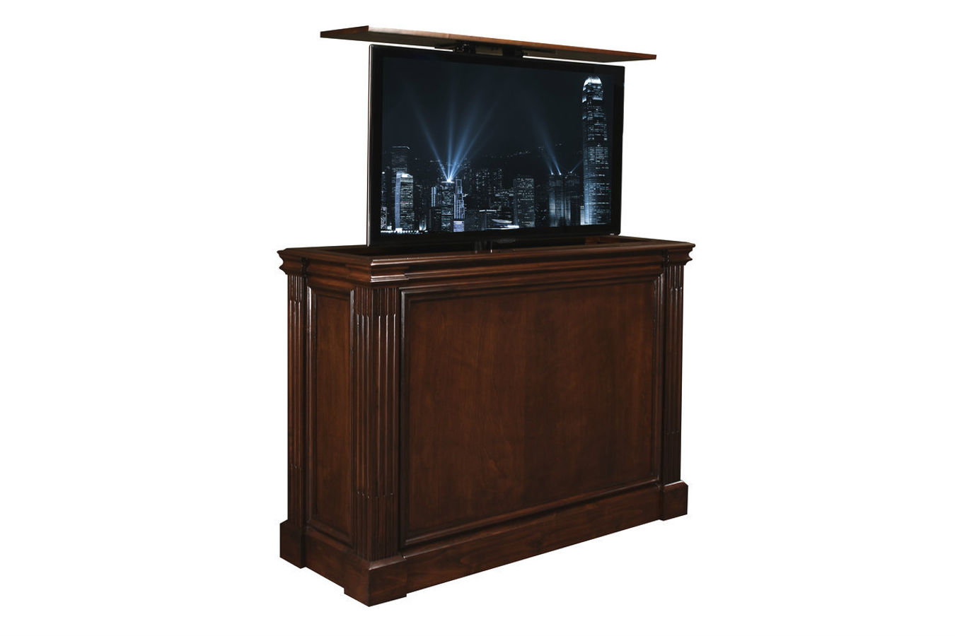 Ritz Designer quality TV Lift cabinet furniture is US Made. Ritz Auburn Brown retracts the TV by remote control and holds up to some 50 inch flat screens.