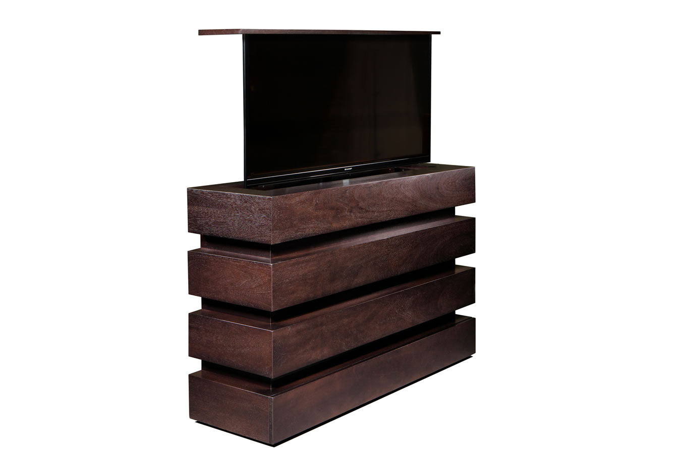 Le Bloc TV Lift Console mahogany cabinet with an espresso finish.  This piece holds up to 55 inch flat screen televisions
