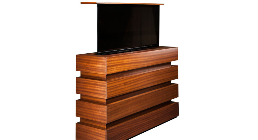 Le Bloc with TV lift cabinet furniture helps hide TVs up to 80 inch flat screens.