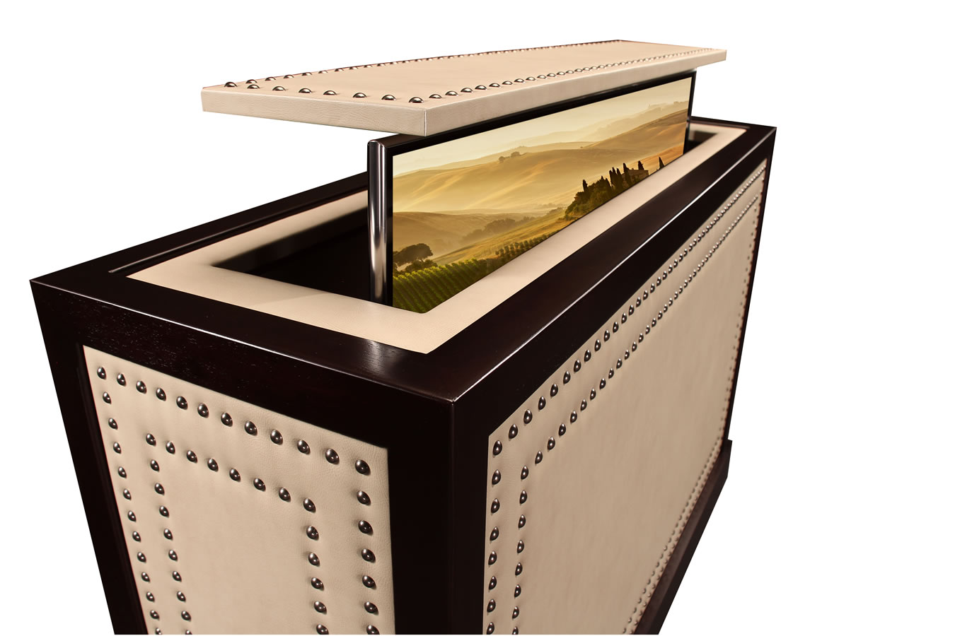 Toscana cabinet with TV lift hidden inside.  Leather furniture design credenza is made to order.